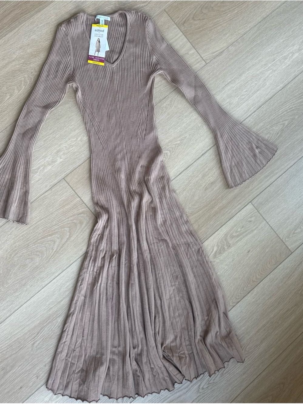 Edikted Ribbed V-Neck Long Sleeve Maxi Dress in Taupe